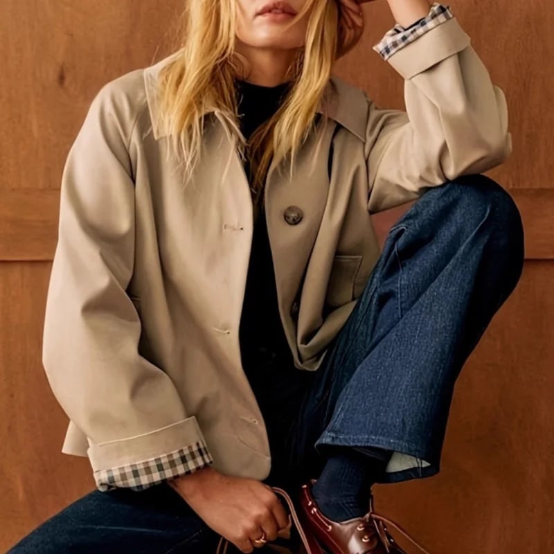 Nový krátký trenčkot pro ženy, klopový, na knoflíky, nadměrná ležérní zkrácená bunda s kostkovanou podšívkou