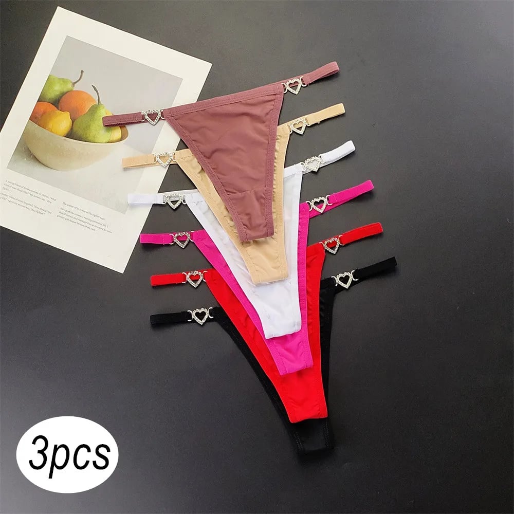 3PCS Strap Thong Spodní prádlo Shine Rhinestone Plus Size Ice Silk G Strings Sexy Low Pas Bikiny T-back Dámské Jednobarevné Kalhotky