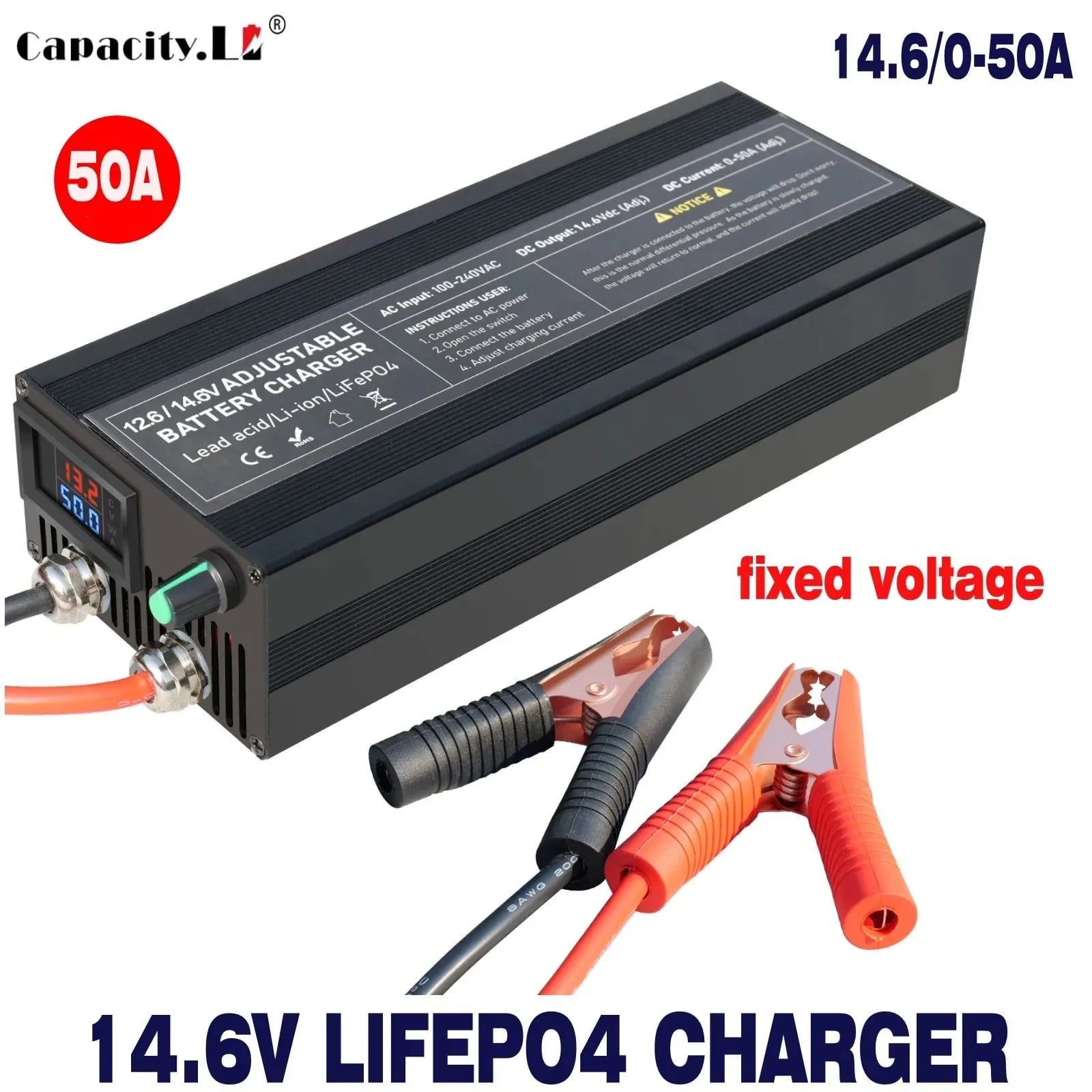 Nabíječka baterií 14,6 V 50 A/60 A/85 A/100 A LiFePO4 pro 12 V/12,8 V LiFePO4 baterie s vysokým výkonem, powerbanka, adaptér a nabíječka