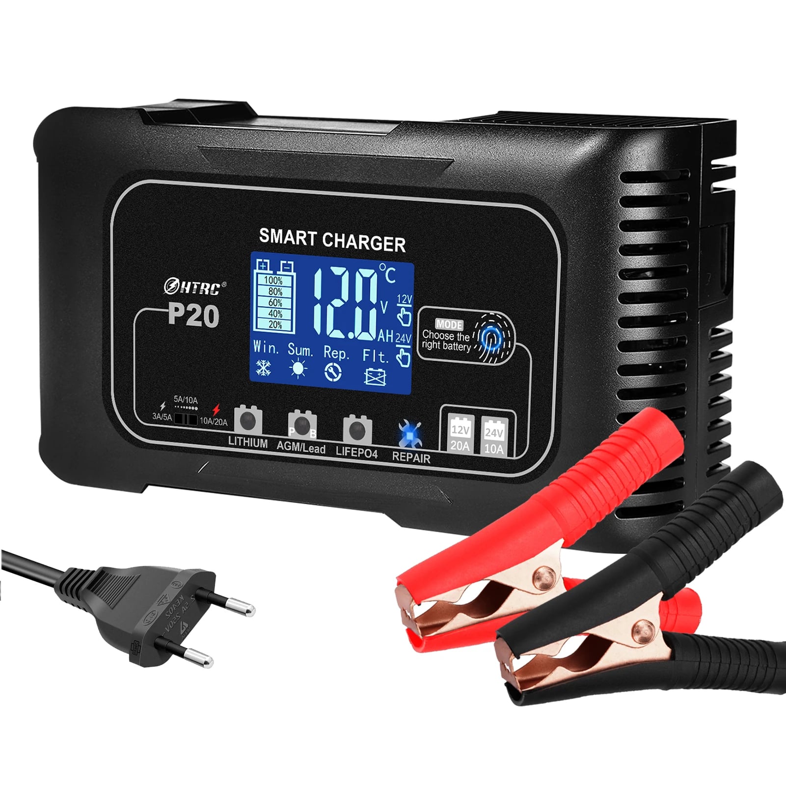 10A/20A 12V 24V nabíječka autobaterií plně automatická pulzní nabíječka pro opravu olověných lithiových baterií Lifepo4 AGM