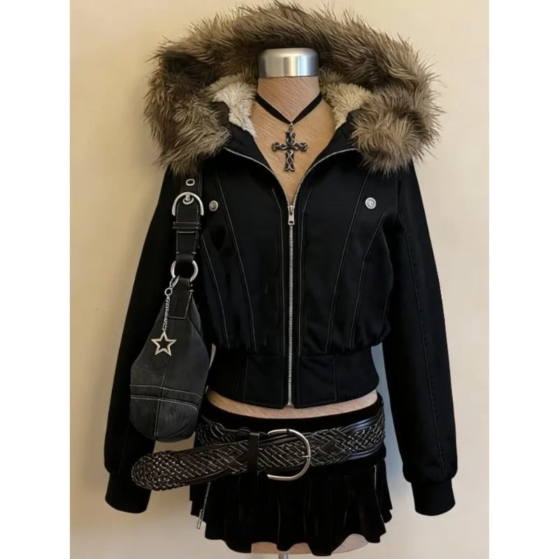 Americké vintage kabáty s kapucí z umělé kožešiny s kapucí pro ženy, mikiny na zip, ležérní streetwear grunge bunda Y2k se stojáčkem