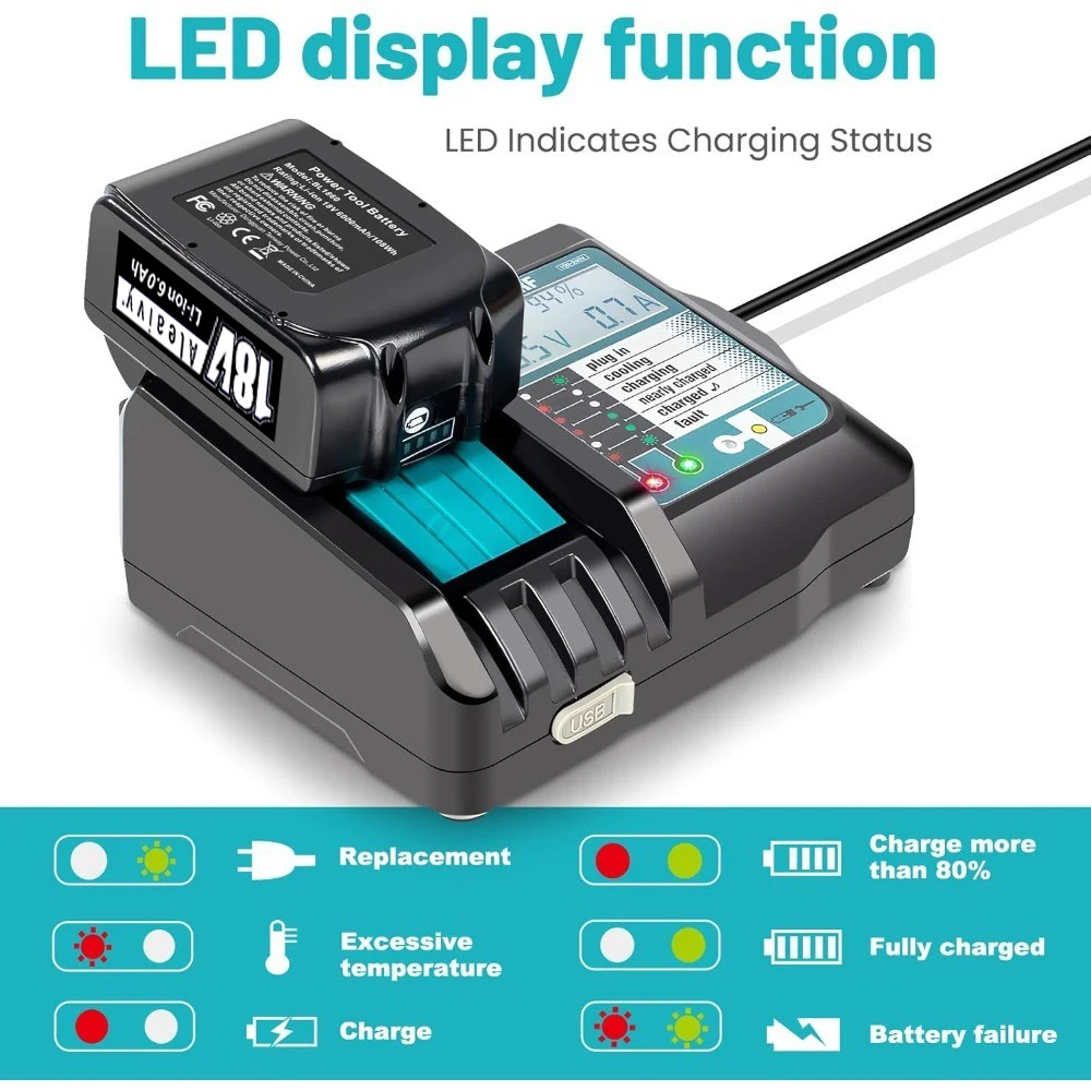 DC18RF Li-ion super rychlá nabíječka pro Makita 14,4V-18V lithiové baterie BL1860B, BL1830, BL1415, BL1440 s LED obrazovkou, USB portem