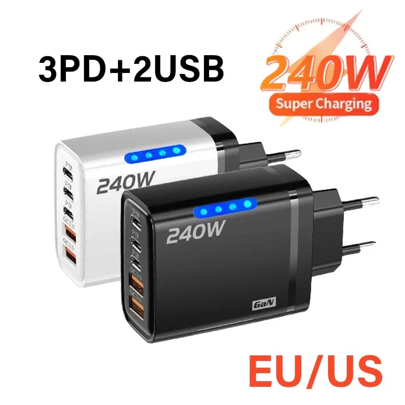 5v1 GaN 240W rychlonabíječka pro stolní počítače, nabíječka s USB typu C, rychlé nabíjení, adaptér Quick Charge 3.0 pro iPhone, Samsung a Huawei