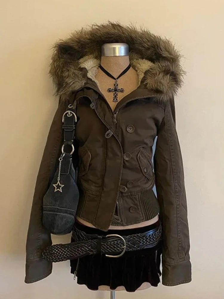 Zimní retro kabáty z umělé kožešiny pro ženy z roku 2000, americké vintage bundy, harajuku, gotické punkové oblečení, jean parky, dámské svrchní oblečení