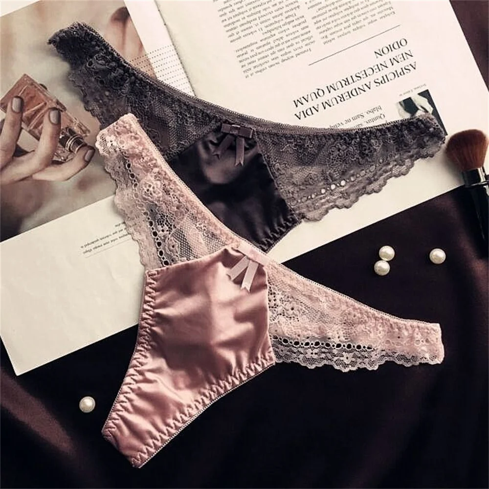 Sexy spodní prádlo s nízkým pasem a mašlí, bezešvé, s dutou krajkou a lesklým hedvábným hladkým vzorem