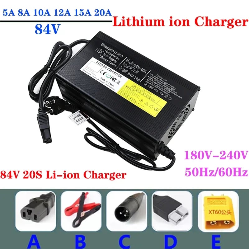 NOVÁ nabíječka lithiových baterií 72V 20S 84V 5A/8A/10A/12A/15A/20A s vysokým výkonem, kovové pouzdro s LCD displejem, inteligentní rychlé nabíjení