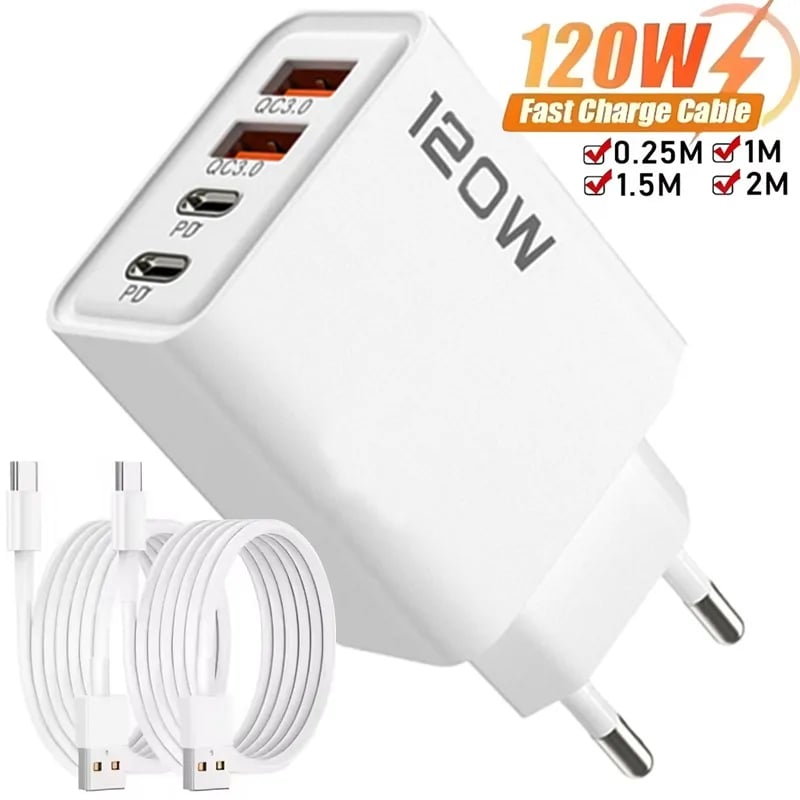 120W 4portová nabíječka USB typu C s rychlonabíjecím datovým kabelem, adaptérem pro nabíječku telefonu USB pro Samsung iPhone Xiaomi Huawei