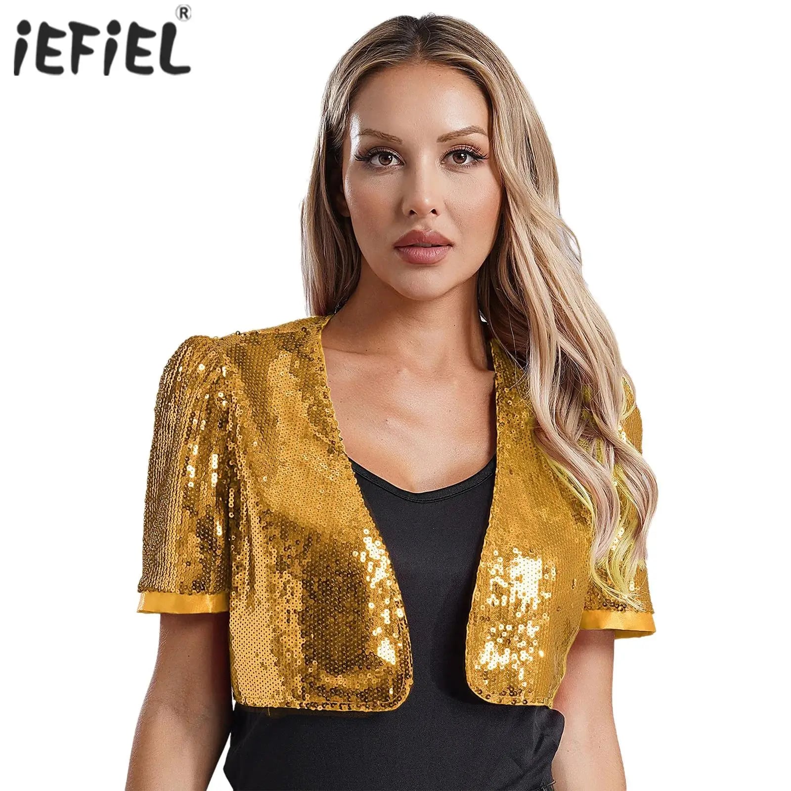 Dámský lesklý flitry Bolero Shrug Cardigan Bunda Retro krátký rukáv Crop Coat Night Club Party Clubwear Dance Stage Performance