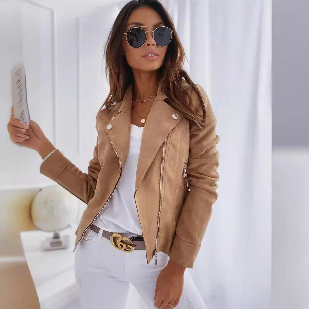 Dámské nové pevné bomber bundy z roku 2025 s klopovým výstřihem a dlouhým rukávem, dámská elegance, elegantní ležérní bunda, semišové vintage zkrácené kabáty