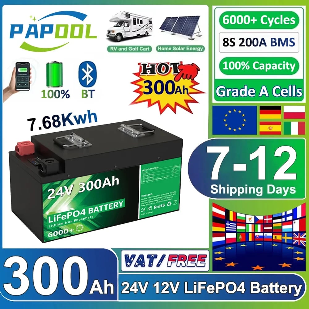 LiFePO4 24V 300Ah 200Ah 100Ah 340Ah 140Ah 12V lithiová baterie Bluetooth třídy A 6000 cyklů pro solární obytné vozy, golfové vozíky, lodě, skladem EU
