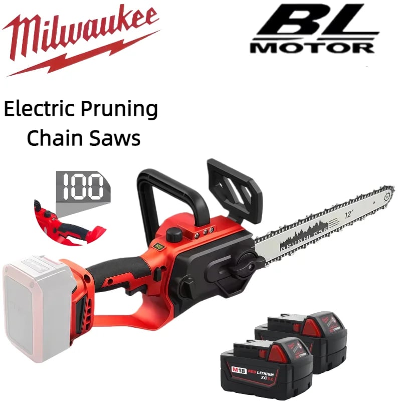 Milwaukee 12palcová bezkartáčová řetězová pila, akumulátorová elektrická řetězová pila, zahradní řezačka na dřevo pro těžbu dřeva a prořezávání