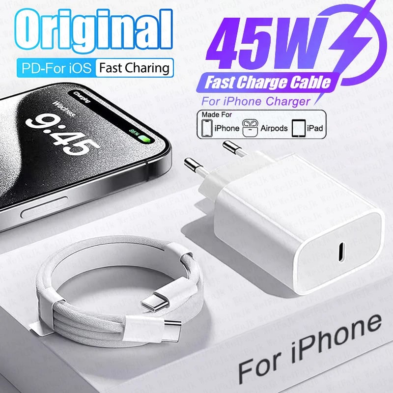 Originální 45W rychlonabíječka typu C pro Apple iPhone 17 16 15 14 13 12 Pro Max Plus Samsung Xiaomi Rychlonabíjecí kabel Lightning