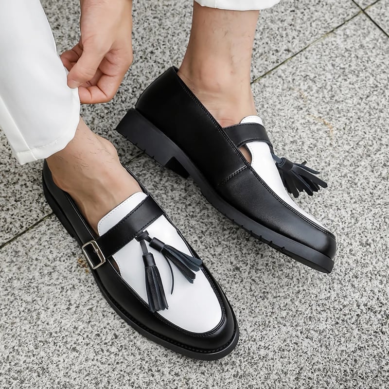 Pánské platformové polobotky s třásněmi černobílé slip-on svatební formální obuv
