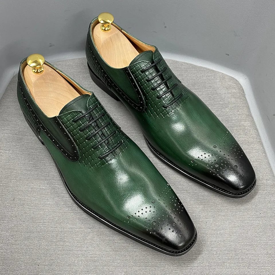 Pánské kožené oxford boty lace-up brogue zelené pro ples svatbu a formální nošení