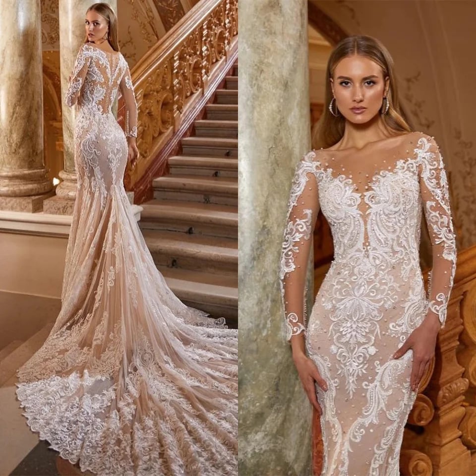 Svatební šaty z organzy s dlouhým rukávem a výstřihem do V, elegantní, svatební, vestido de novia, bílé, střih...