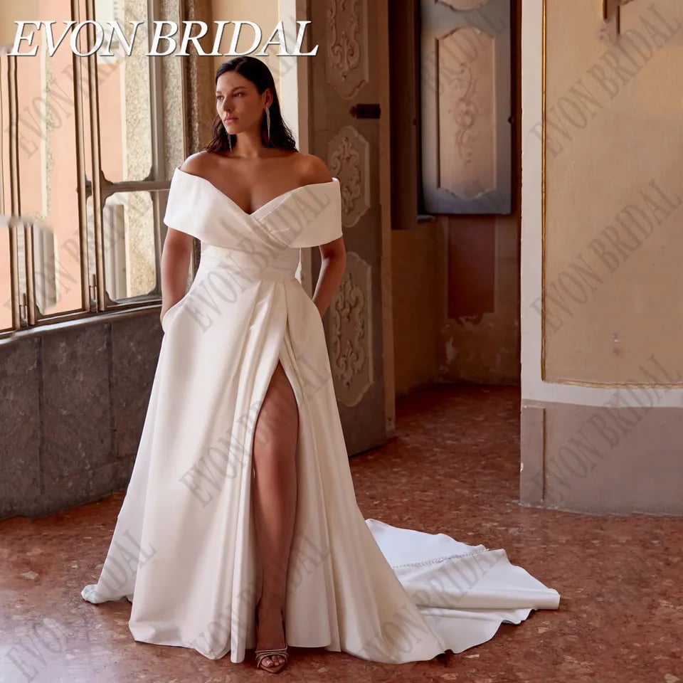 EVON BRIDAL Elegantní svatební šaty s odhalenými rameny, velké velikosti, saténové svatební šaty s kapsou, svatební šaty na míru