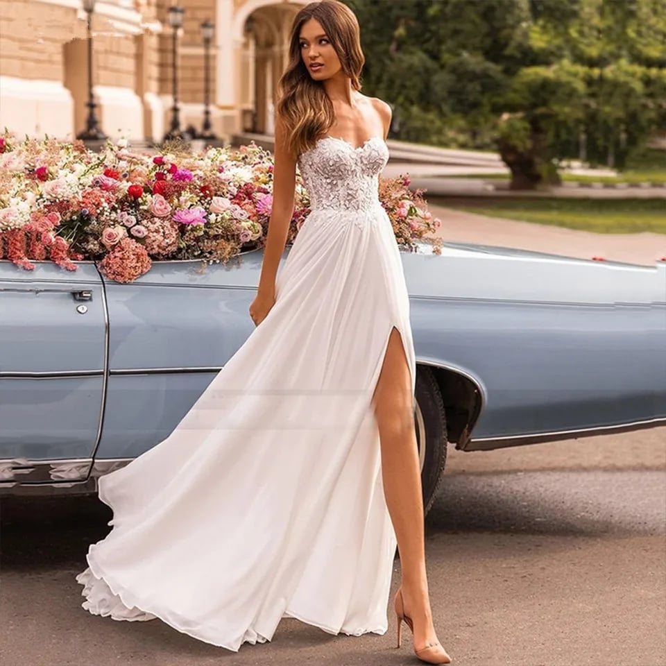 Plážové svatební šaty s rozparkem a krajkou, sexy, s odhalenými zády, krajkové, svatební šaty s výstřihem do V, vestido de noiva