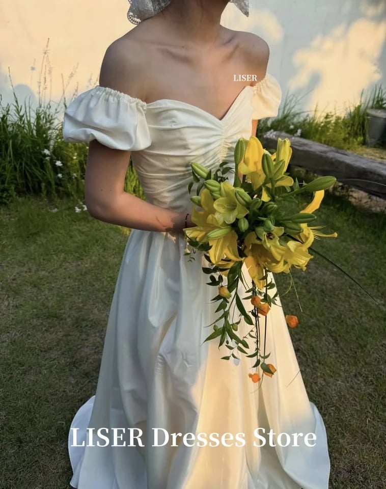 Svatební šaty Liser Sweetheart s krátkým rukávem, áčkovým strihem, korejské, jednoduché, z hedvábného saténu, elegantní, na focení, 저녁 드레스, přizpůsobení