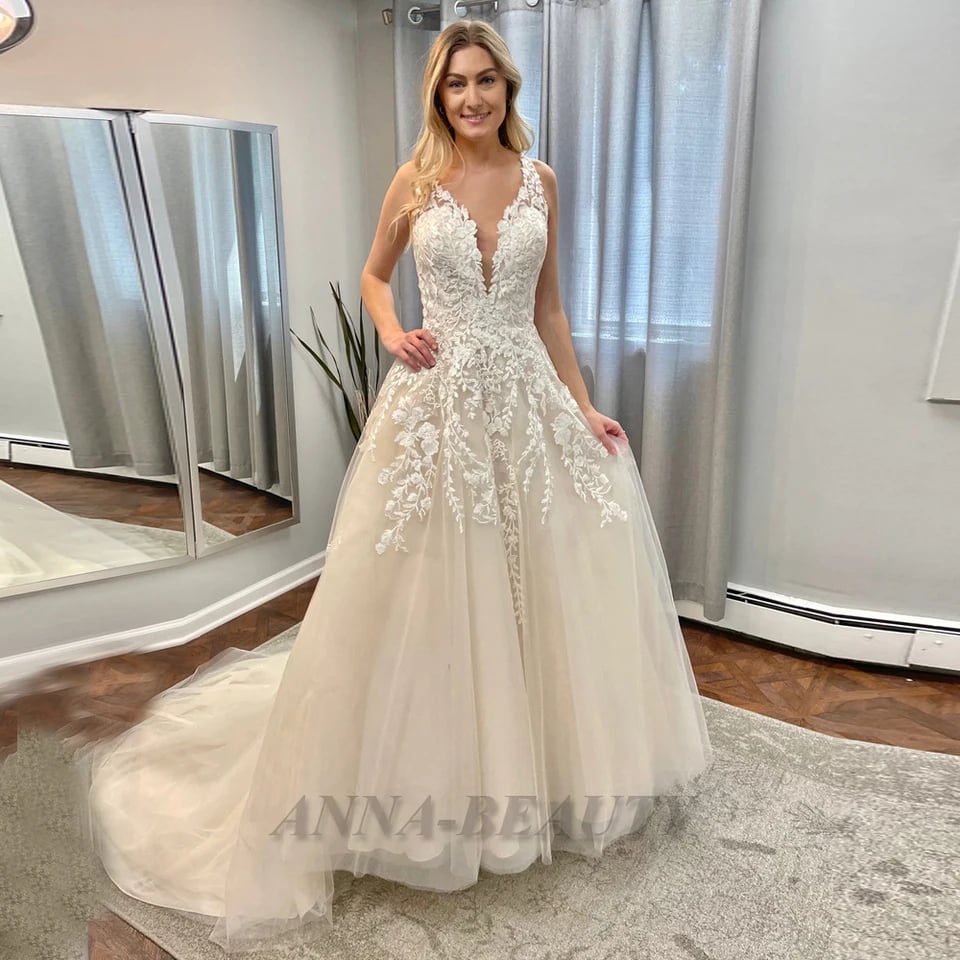 Svatební šaty Anna Fancy s výstřihem do V pro ženy, s aplikacemi, bez rukávů, áčkovým střihem, šněrováním, dlouhou vlečkou, na míru