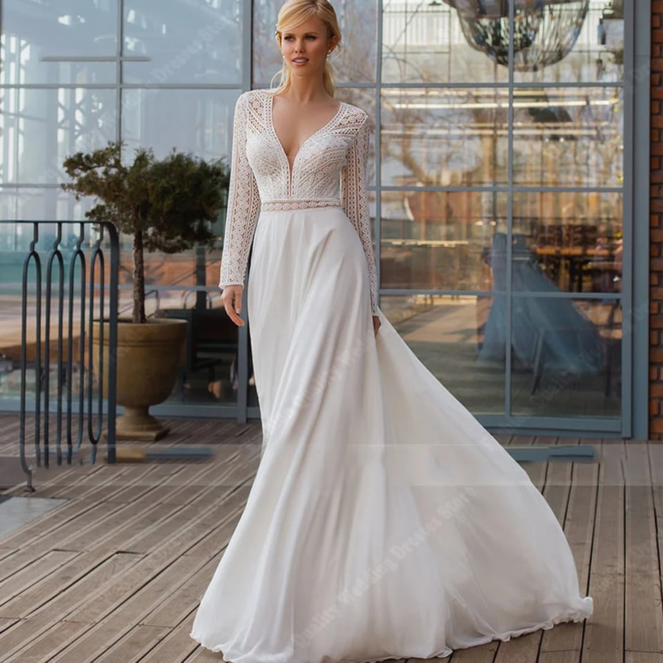 Moderní saténové svatební šaty do V, elegantní krajkové šaty s dlouhým rukávem, svatební šaty s vytíráním podlahy, plesové šaty Vestidos De Novias 2024 na míru