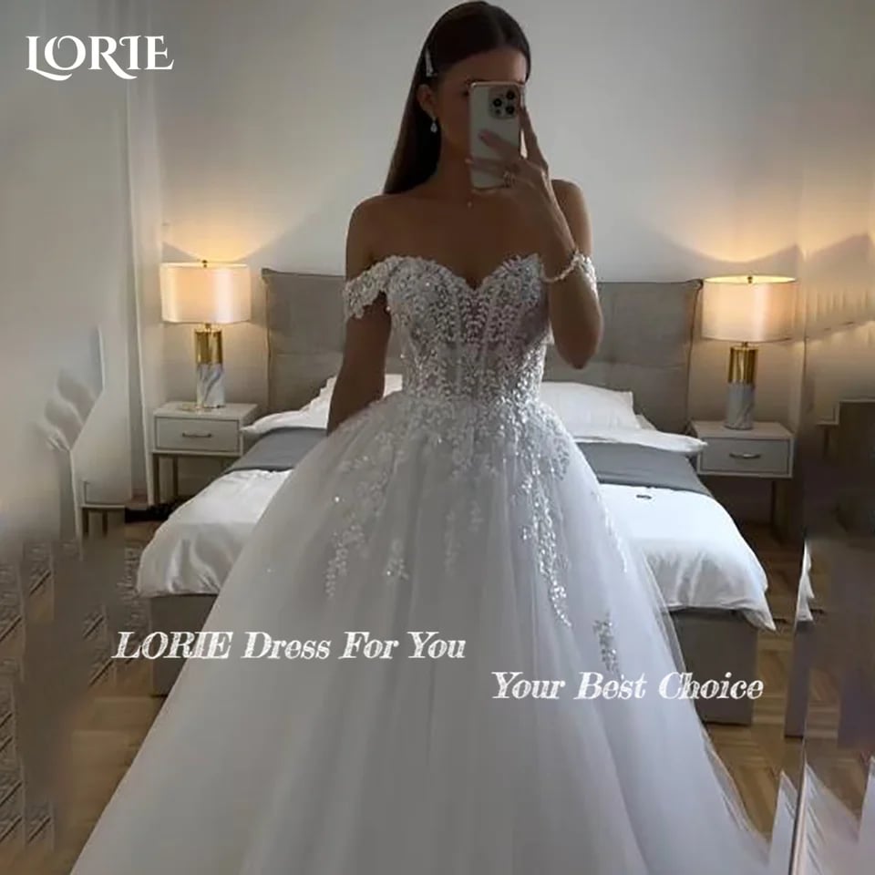 LORIE Vintage třpytivé krajkové svatební šaty áčkové šaty lesklé odhalené ramena srdíčko svatební šaty princeznovské třpytivé šaty na míru