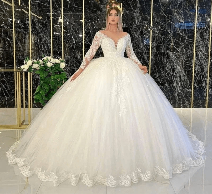 Elegantní svatební šaty s výstřihem do V, krajkou a aplikacemi s dlouhým rukávem, princeznovské plesové šaty s vlečkou a výstřihem do V