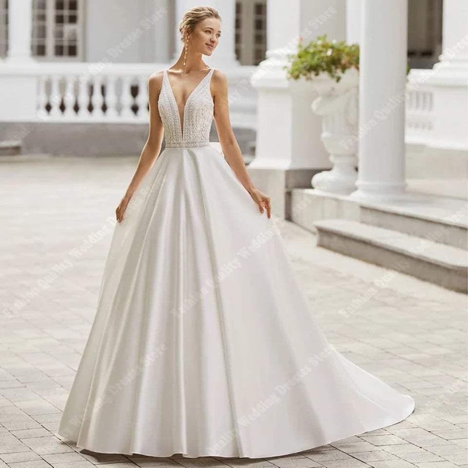 Krásné dámské svatební šaty A-Line Princess Prom Svatební šaty Formální plážové párty Špagetová ramínka Bez rukávů Župan na míru