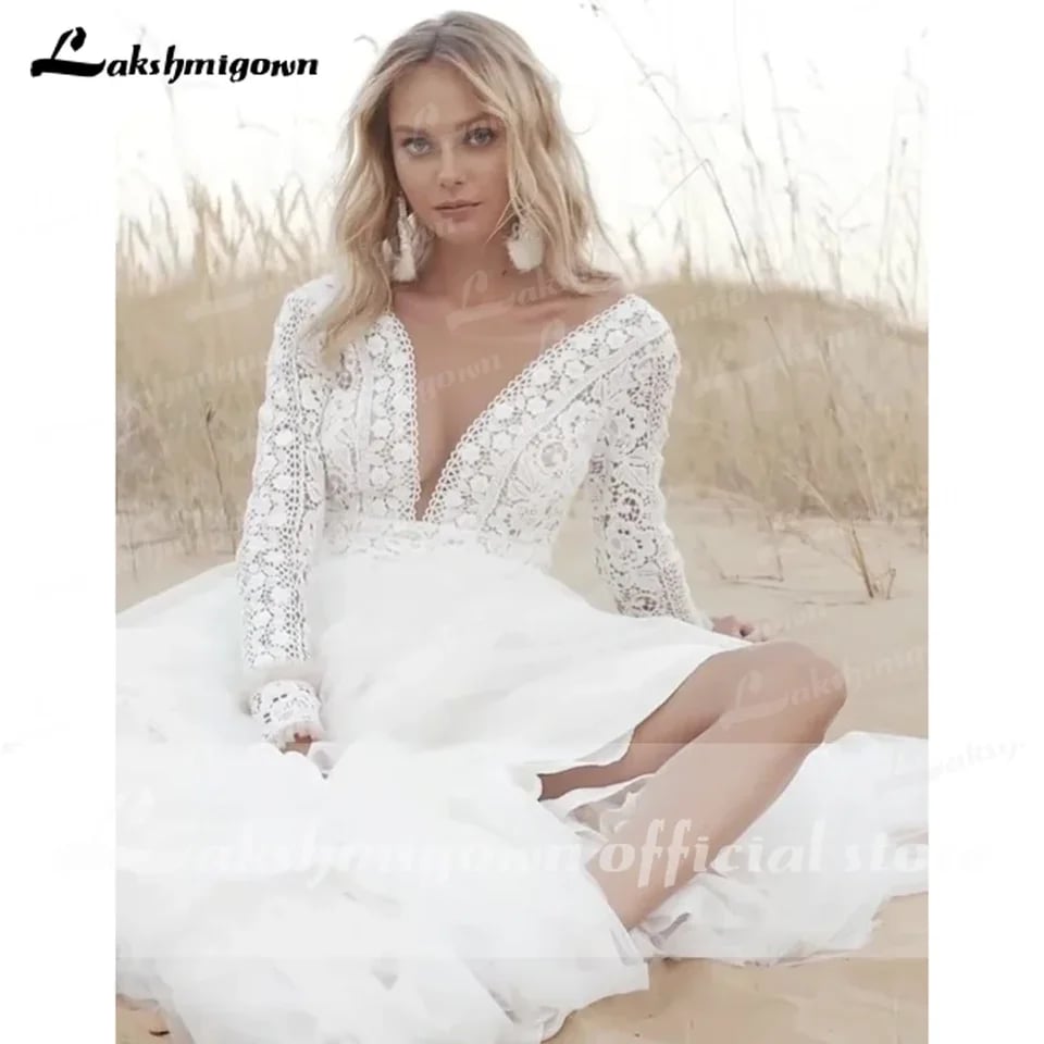 Trajes de novias largos Krajka Tyl Hluboký výstřih do V bez zad s dlouhým rukávem Boho svatební šaty Bohémský styl vestido para boda playa