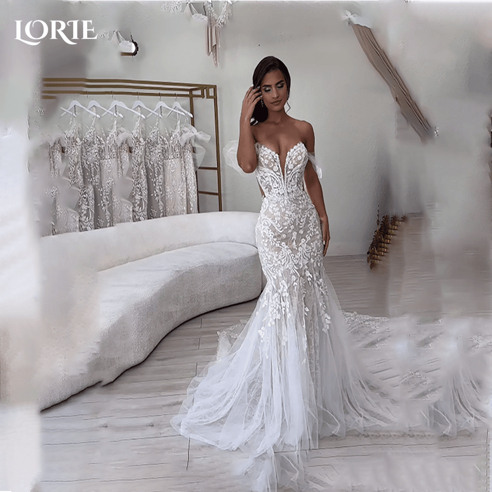 LORIE Boho svatební šaty s krajkovou aplikací a odhalenými zády, bobycon šaty pro nevěstu, odhalená ramena, zatahovací ocas, svatební šaty na míru