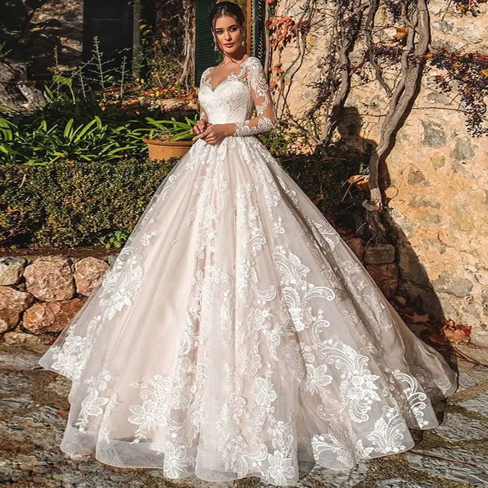 Luxusní společenské šaty na míru Vestidos De Novia Nášivky Vestido De Noiva Svatební šaty s dlouhým rukávem Krajkový župan De Mariée