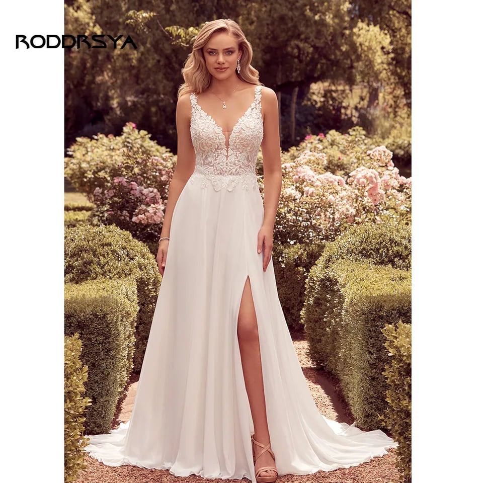 RODDRSYA Boho elegantní svatební šaty Áčkové šaty s výstřihem do V a aplikací, odhalené záda, svatební šaty z šifonu, na míru
