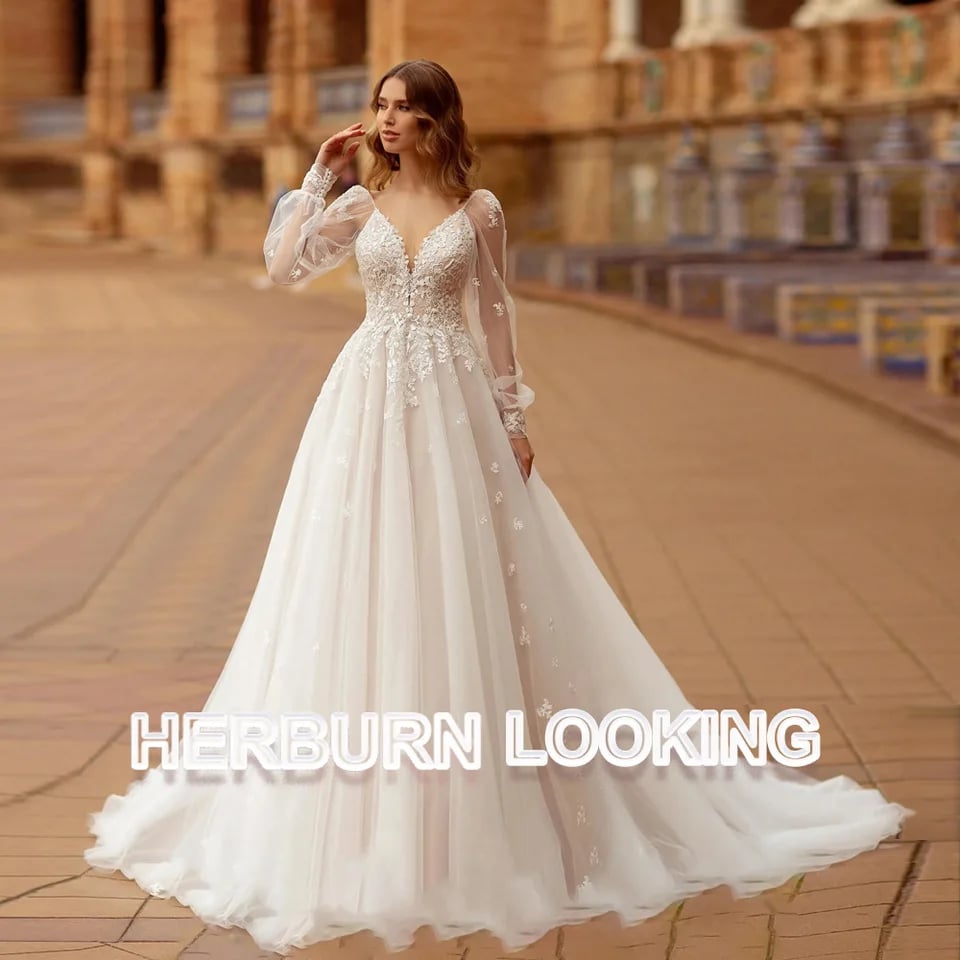 HERBURN Boho svatební šaty s áčkovým výstřihem a krajkou pro ženy, tylové svatební šaty s odhalenými zády, plus velikost, na míru