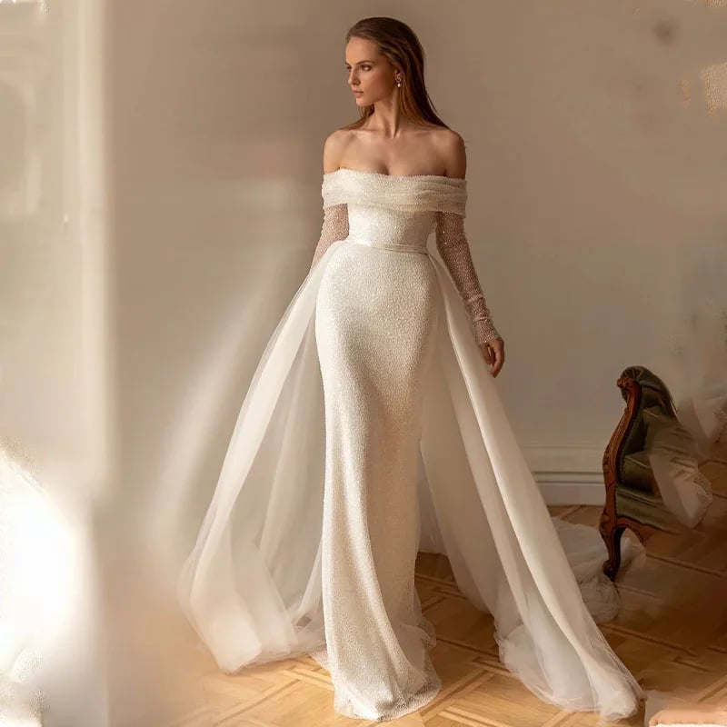 Bling flitry stažené přes rameno Plné rukávy Svatební šaty mořské panny Odepínací vlečka Vestido De Renda Estilo Sereia