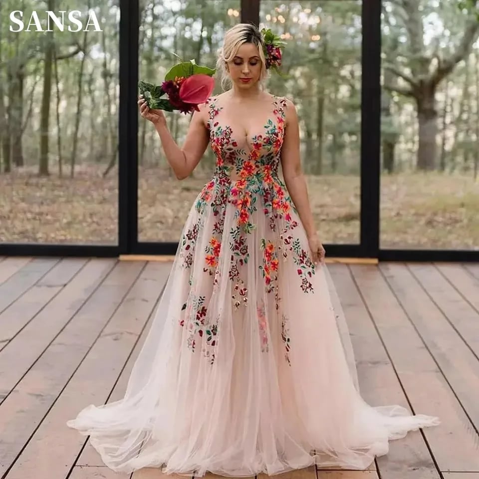 Svatební šaty Sansa Fairy Flower s krajkou a áčkovým střihem, sladké, bez rukávů, na míru, s květinovou výšivkou a výšivkou...