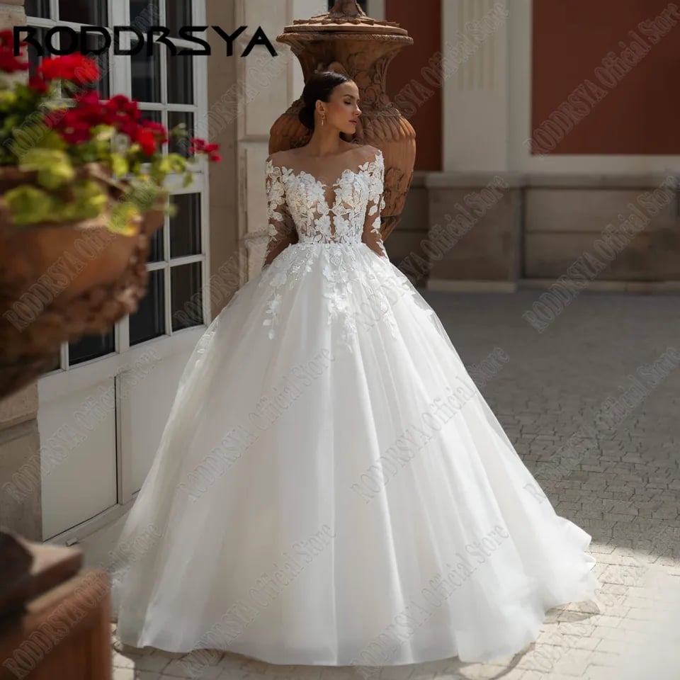 RODDRSYA Luxusní svatební šaty s dlouhým rukávem a flitry 2025, límec, výstřih do V, nevěsta, svatební šaty...