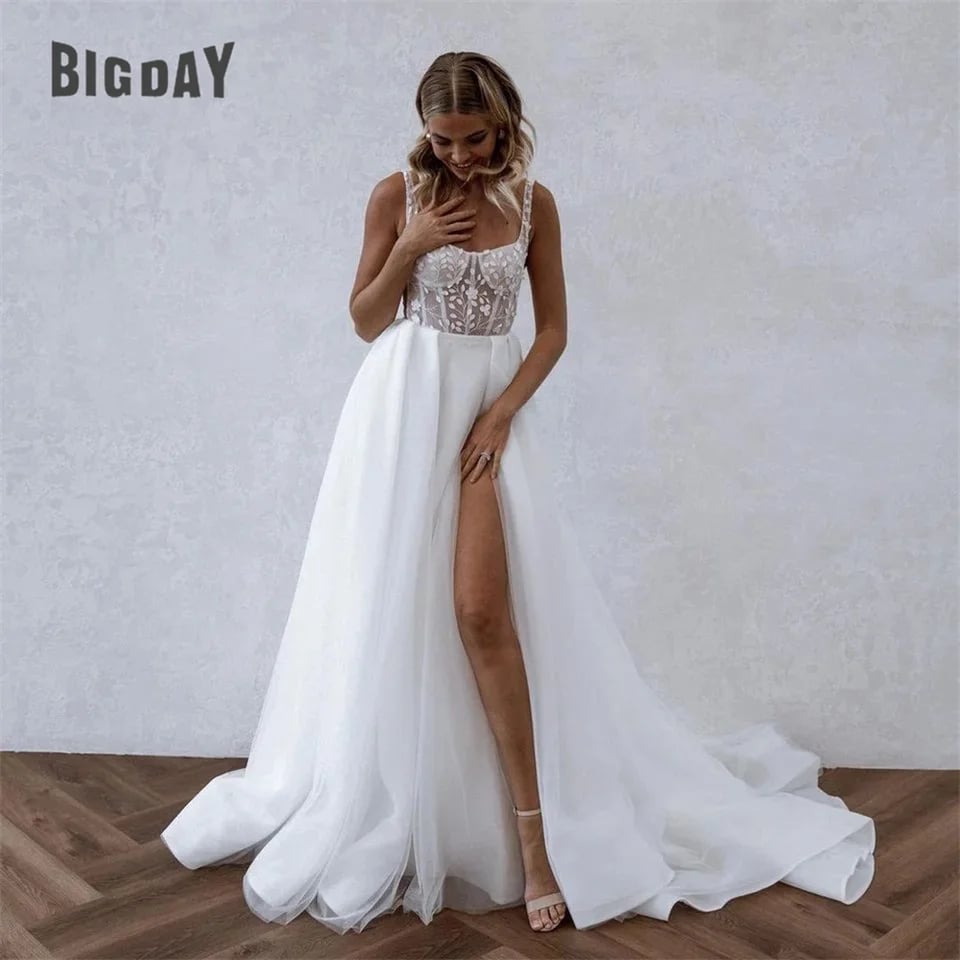 Svatební šaty A-Line s krajkou a otevřenými zády, čtvercovým límcem, špagetovými ramínky, rozdělenými, svatebními šaty, vlečkou, vestidos de noiva