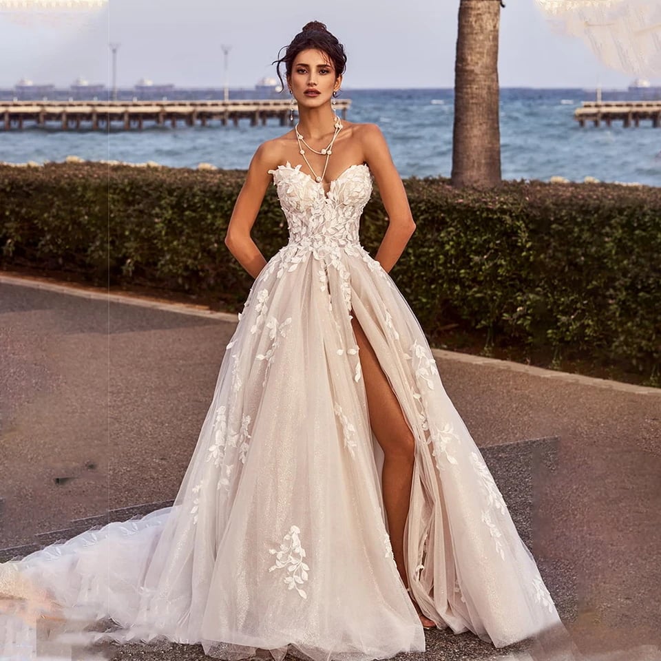 Svatební šaty s výstřihem do V a krajkou, áčkovým výstřihem a bočním rozparkem pro rok 2025, vestido de noival, na míru