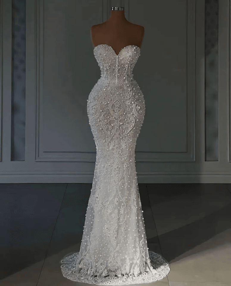 Luxusní svatební šaty s mořskou pannou na míru pro ženy, srdíčkový výstřih, bez rukávů, perly, flitry, svatební šaty...