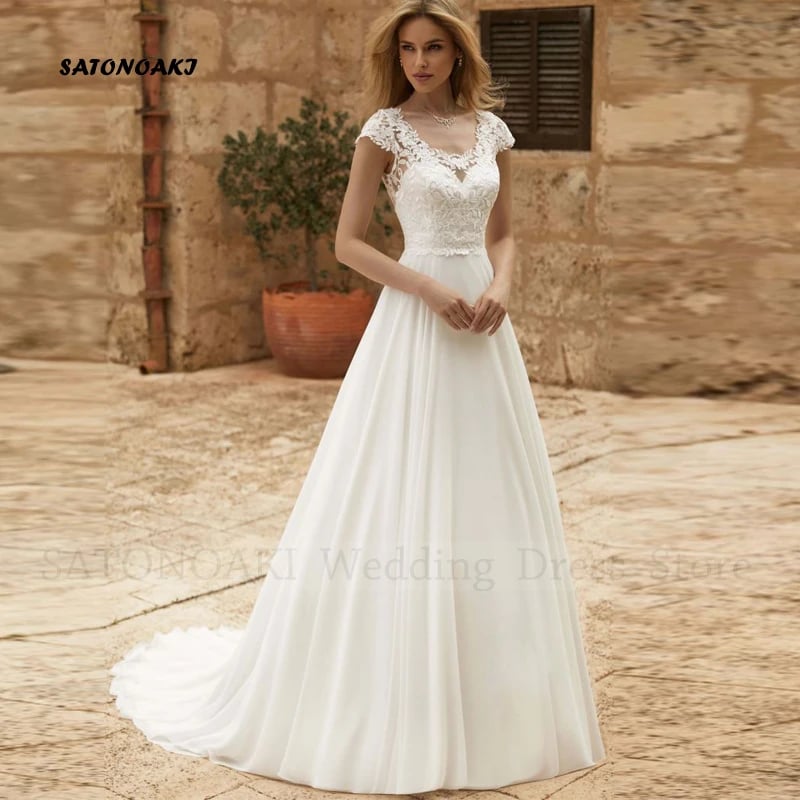 Elegantní boho svatební šaty s výstřihem do V, krajkou a šifonem pro nevěstu, áčkové šaty s dlouhou vlečkou a aplikacemi, svatební šaty Vestidos De Novia