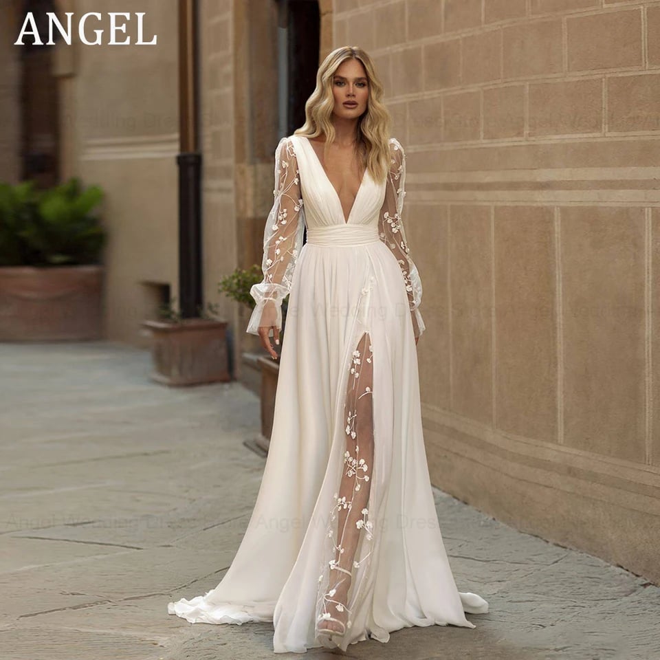 ANGEL Elegantní svatební šaty A-Line Dámské krajkové šaty s dlouhým rukávem, výstřihem do V, rozparkem a zavinovací vlečkou