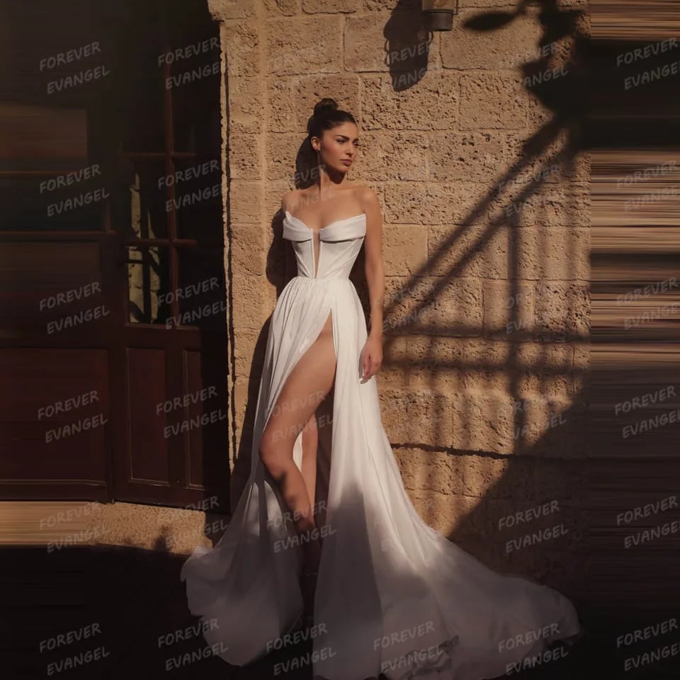 Luxusní svatební šaty A Line, sexy, s výstřihem do V, vysokým bokem, bez rukávů, s odhalenými zády, na míru, Vestido De Novia