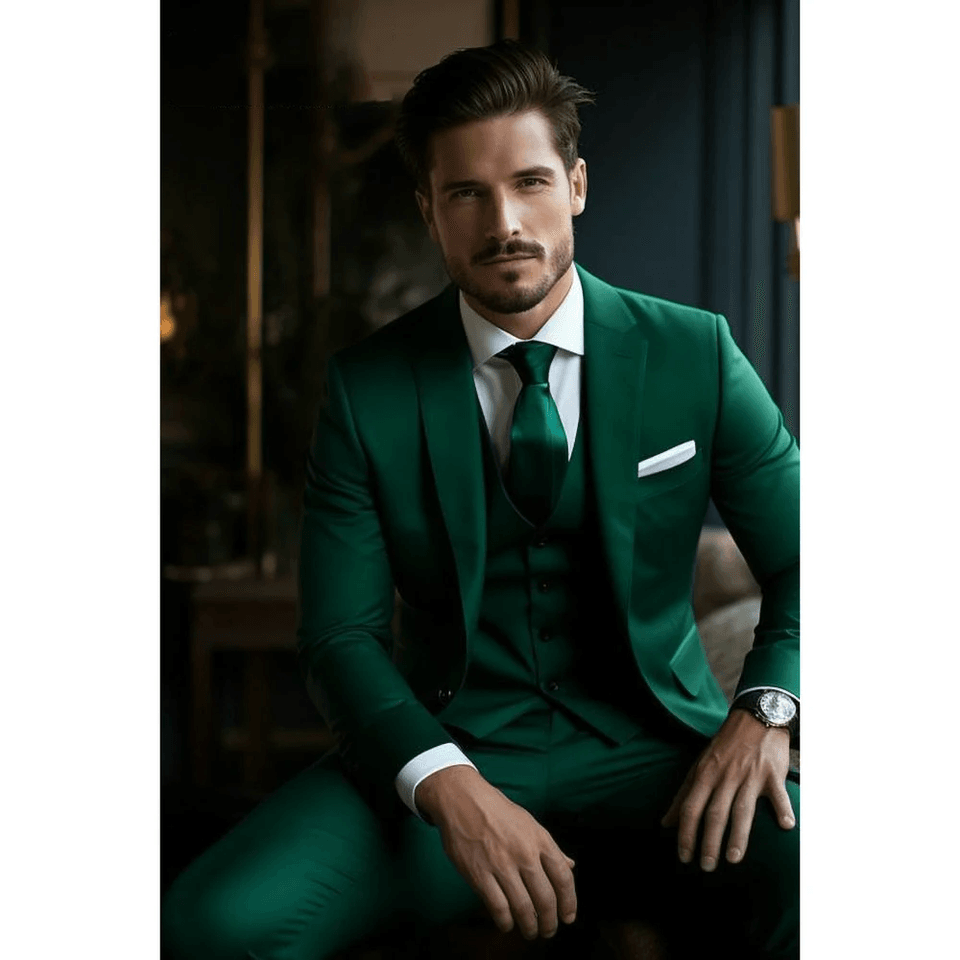 Pánský třídílný zelený oblek slim fit, jednořadé zapínání, svatební, formální, obchodní, smokingový set