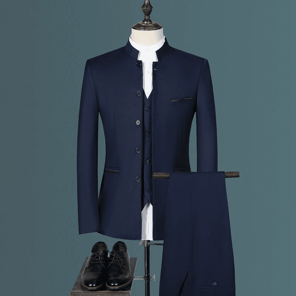 Pánský třídílný slim fit oblek na svatbu - sako, stojáček, vesta, kalhoty