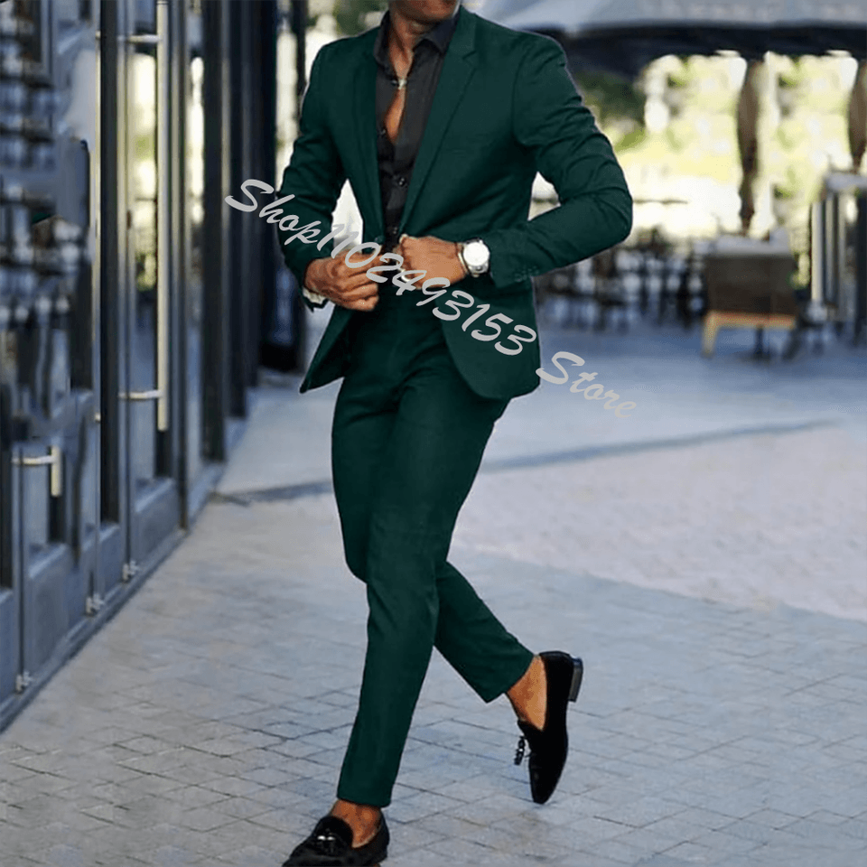 Pánský zelený slim fit dvoudílný oblek, formální, svatební, smoking, sako, sako a kalhoty