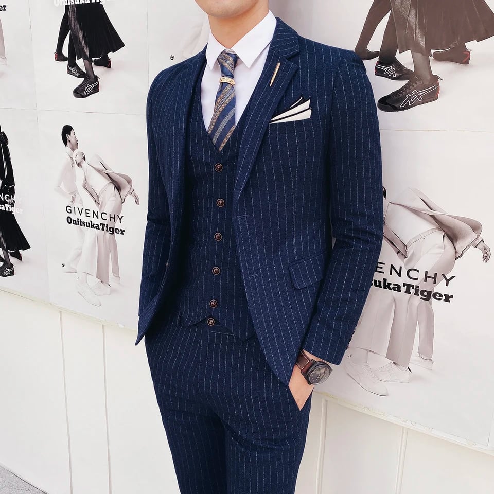 Pánský 3dílný pruhovaný svatební oblek - Slim Fit Business Formální sako Vesta Kalhoty