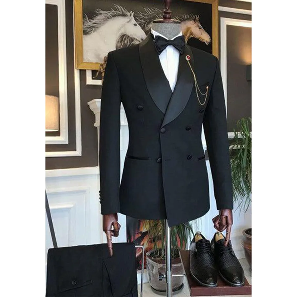 Pánský černý dvouřadý oblek - klasické formální oblečení pro svatbu, hostinu, kancelář