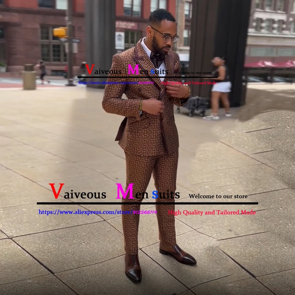 Hnědý kostkovaný dvouřadý pánský oblek, 2dílný slim střih, business casual, smoking