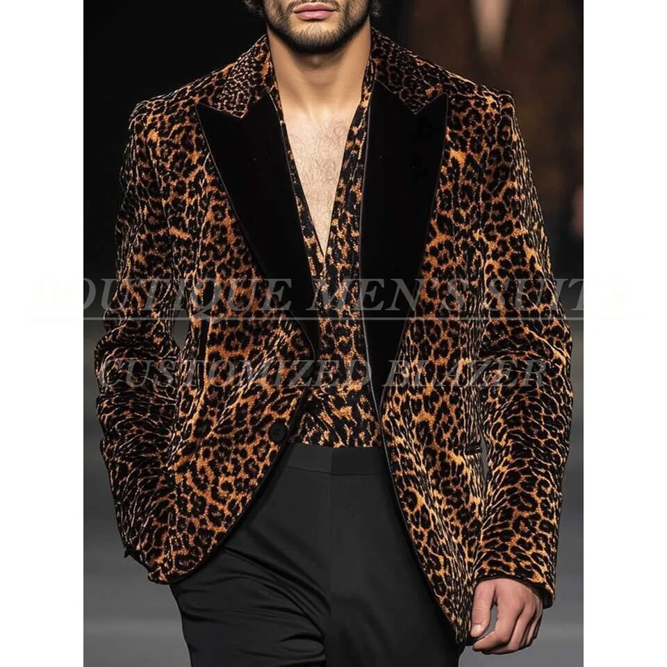 Pánský 3dílný oblek s leopardím potiskem - jednořadé sako, bunda, kalhoty, vesta na maturitní ples