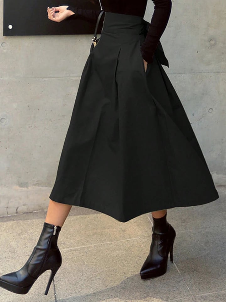 Dámská maxi sukně áčkového střihu s vysokým pasem a mašlí - dlouhá sukně ve stylu preppy s elastickým pasem