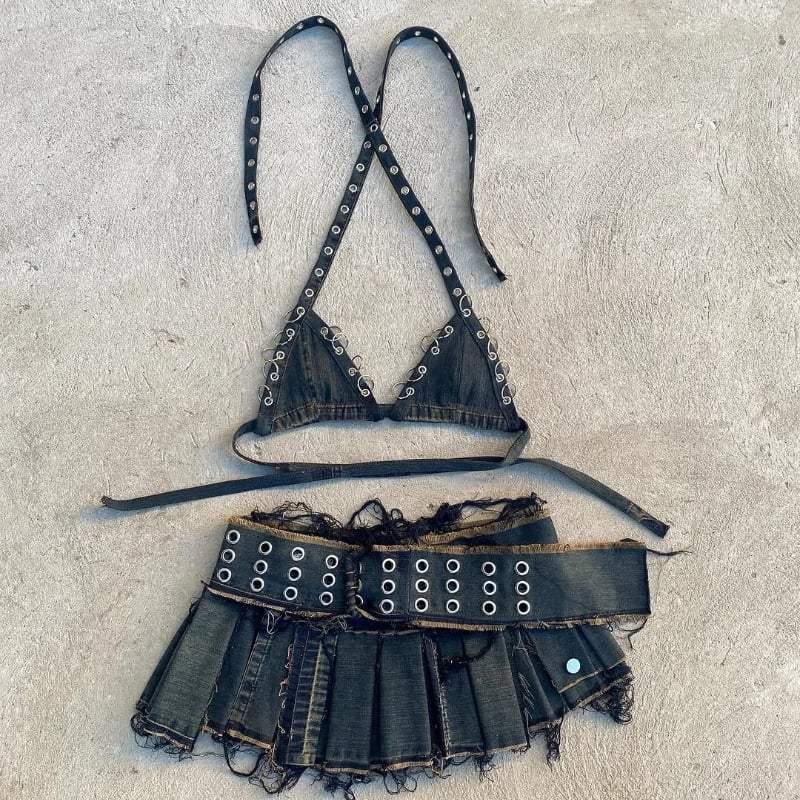 Dámský džínový dvoudílný set - top s ramínky a mini skládaná sukně, retro gotický módní outfit